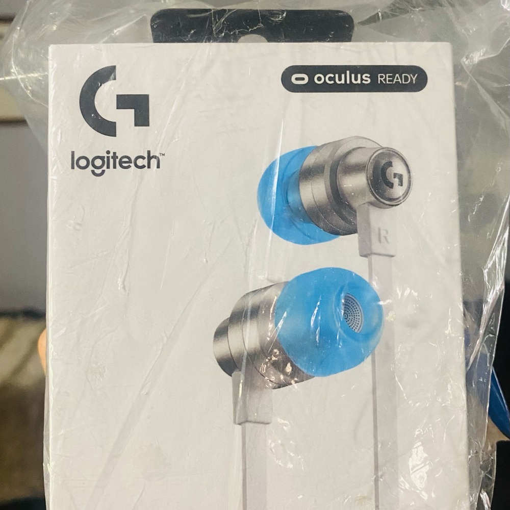 Logitech Silver and Blue Earbuds